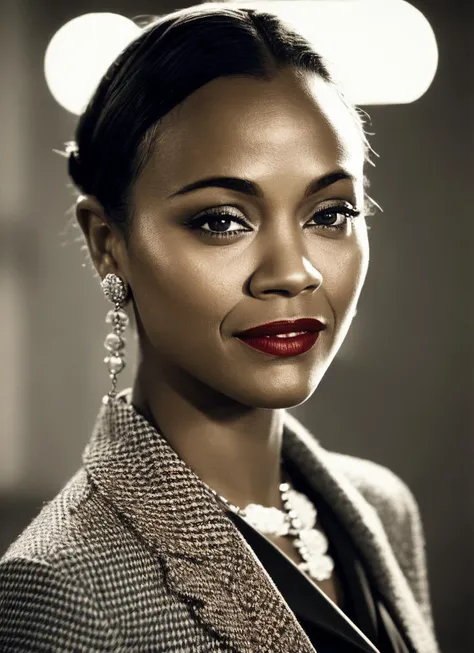 analog style, modelshoot style, A 1930s professional photograph of sks woman, ((detailed face)), (High Detail), Sharp, 8k, ((bokeh)), <lora:locon_zoesaldana_v1_from_v1_64_32:1.3>