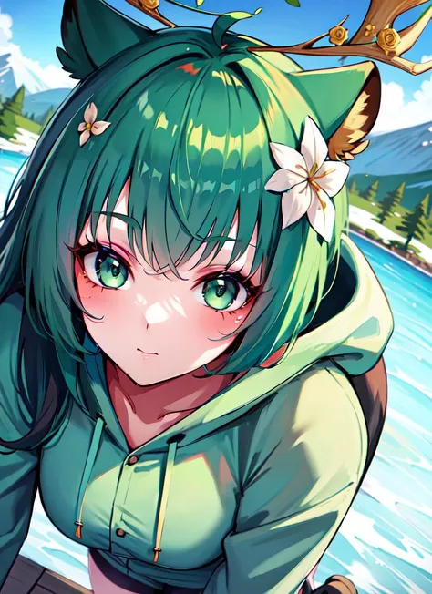 anime girl with green hair and green eyes sitting on a dock