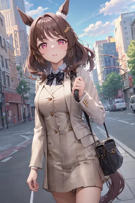 masterpiece, best quality,
light hello (umamusume),
cowboy shot, outdoors, building, street, 
white shirt, cropped jacket, black jacket, shoulder bag, plaid skirt,
<lora:light_hello_loha-000010:0.7>