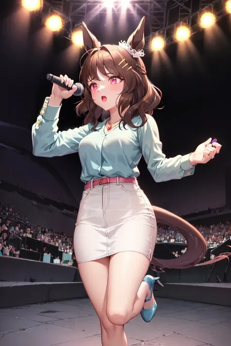 masterpiece, best quality,
light hello (umamusume),
full body, stage light, glowstick,
holding microphone, stand microphone,
casual, hair ornament, hairclip, necklace, jewelry, blue shirt, long sleeves, shirt tucked in, belt, white skirt, blue footwear, hi...