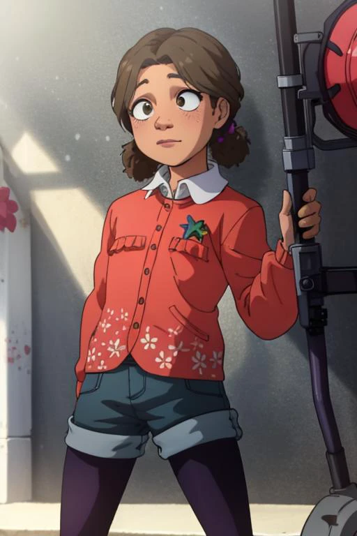 a woman in a red shirt and blue shorts holding a gun