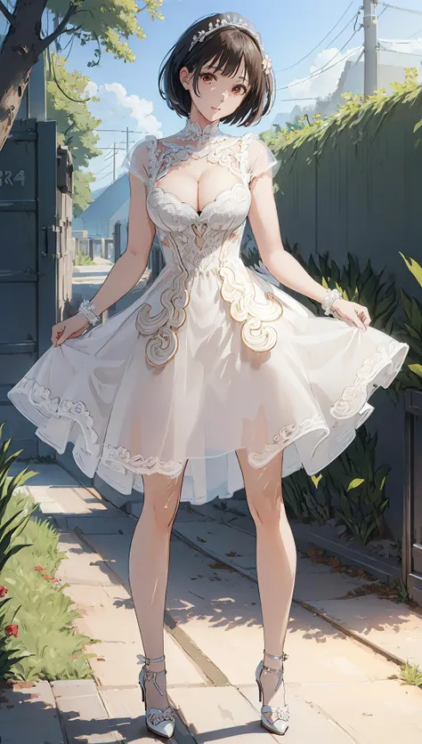 ((((ultra illustrated style:1.0)))),best quality,best animated,masterpiece,ray tracing, global illumination,white lace,head, I-type Valley,cleavage,see-through,1girl, solo, standing, outdoors, full body,looking at viewer,dress,high heels,   <lora:Hoshizaki...