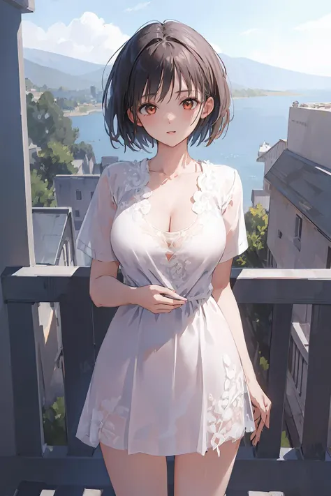 ((((ultra illustrated style:1.0)))),best quality,best animated,masterpiece,ray tracing, global illumination,white lace,head, I-type Valley,cleavage,1girl, solo, standing, outdoors, cowboy shot,looking at viewer,t-shirt,   <lora:Hoshizaki Ao_07:0.5> <lora:I...