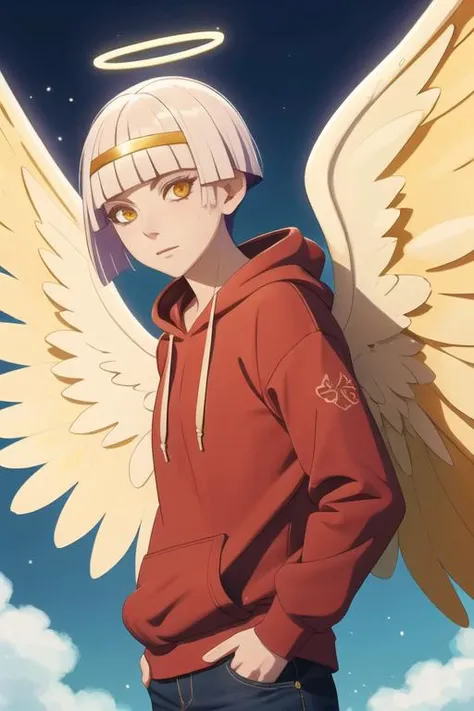 masterpiece, best quality, illustration, 1boy, solo, male focus, looking at viewer, upper body, , <lora:revel_platinum_end:0.66>, revel_platinum_end, , wings, halo, angel, angel wings, hoodie