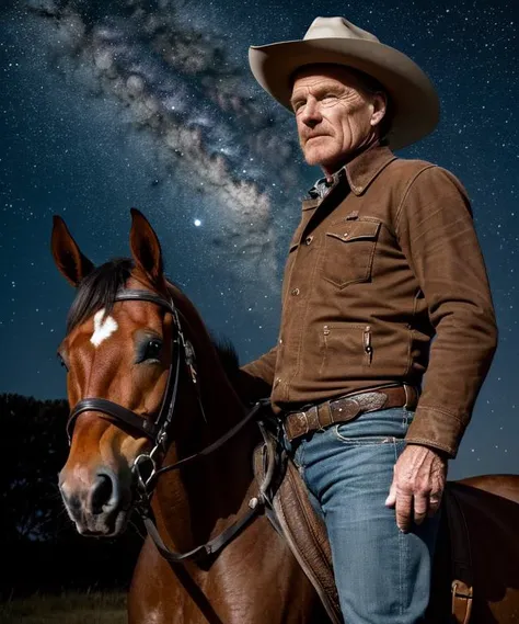 Photograph, color, portrait.A perfect photo of bryancranston dressed as a cowboy, outdoor, night, rugged, weathered, stoic, cowboy hat, spurs on boots, a horse in the background, deep set wrinkles, piercing dark brown eyes, a determined expression, standin...