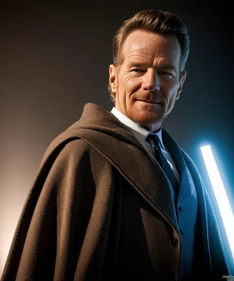 A perfect photo of bryancranston dressed as jedi knight,no helmet,intricate details, lens flare, intricate detailed face, 4k, 8k, hdr  <lora:bryancranston:1>