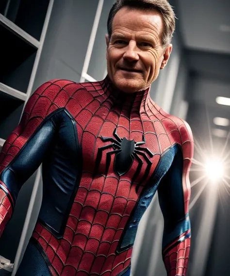 modelshoot style, muscular,bryancranston dressed as spider-man,(no helmet),intricate details, lens flare, intricate detailed face, 4k, 8k, hdr  <lora:bryancranston:1>