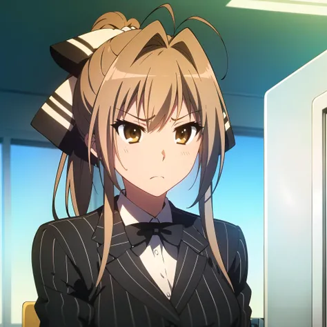 <lora:sento:0.8> s1girl, solo, bow, sitting, ponytail, hair bow, striped, sweatdrop, frown, chair, formal, antenna hair, suit, office lady, pinstripe pattern, business suit, pinstripe suit, sento isuzu