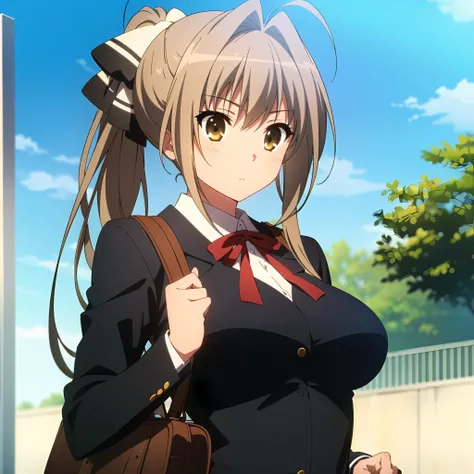 <lora:sento:0.8> 1girl, solo, breasts, large breasts, bow, ribbon, school uniform, ponytail, hair bow, day, bag, antenna hair, school bag, sento isuzu