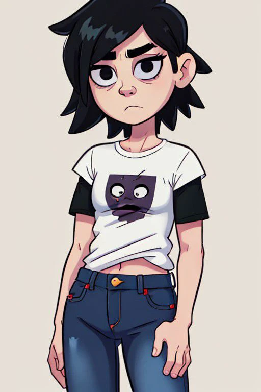 a drawing of a girl with black hair and a white shirt