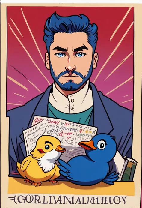 a cartoon of a man holding a bird and a newspaper