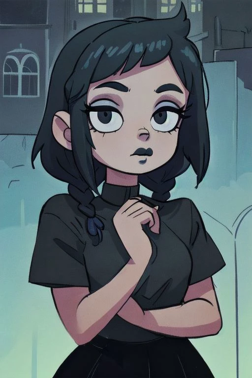 a cartoon girl with black hair and a black dress standing in front of a building