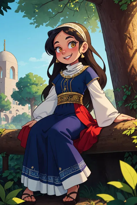 a portrait of a Middle Eastern woman, proud and empowered in her cultural identity, very long skirt, outdoors,  smile, dappled sunlight, masterpiece, tree, 
best quality, masterpiece, intricate detail, high environment detail,  toon (style),