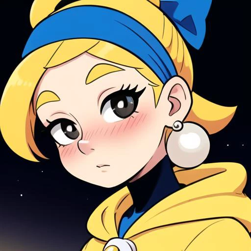 masterpiece, look at viewer, girl with a pearl earring, blue bandana, (yellow hoodie), (smile expression:0.1), big white pearl earring, black eye, blush, (looking down from above:0.6), night city, volume light, yellow hair, yellow pony tail, (bow head:1.2)...
