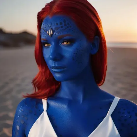 a woman with blue paint on her face and body on the beach