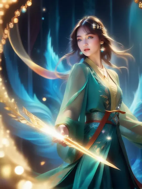 (mysterious:1.3), ultra-realistic mix fantasy, behind an asian woman holding a Excalibur,void energy diamond sword, mixes realistic and fantastical elements, vibrant manga, uhd image, glassy translucence, vibrant illustrations, ultra realistic, long hair, ...