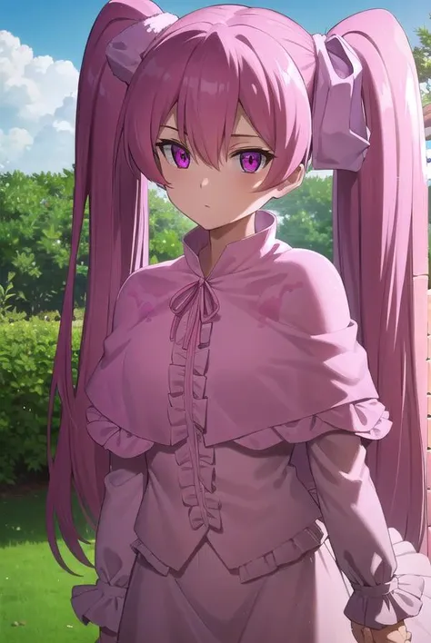 agkmine, <lora:agk mine s1-lora-nochekaiser:1>,
mine, long hair, twintails, pink hair, (pink eyes:1.3),
BREAK dress, pantyhose, pink dress, capelet, pink capelet, pink skirt, skirt, long sleeves,
BREAK outdoors, nature, forest, trees, grass, sky, clouds,
B...