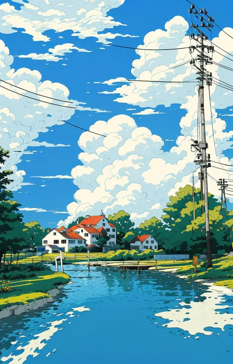 outdoors, no humans, house, cloud, grass, sky, day, power lines, scenery, road, tree, traditional media, utility pole, sign, blue sky, building, cloudy sky, water<lora:line illustrationa_20230901192549:0.83>