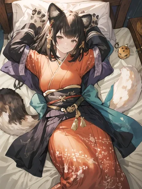 anime girl in a kimono outfit laying on a bed with a dog