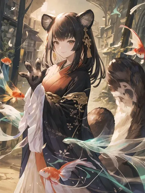 anime girl with cat ears and a cat tail holding a fish