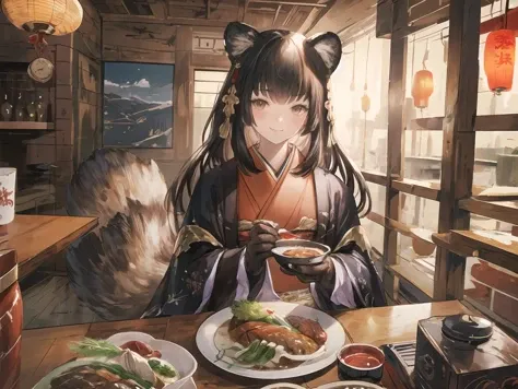 anime girl in kimono outfit eating food in a restaurant