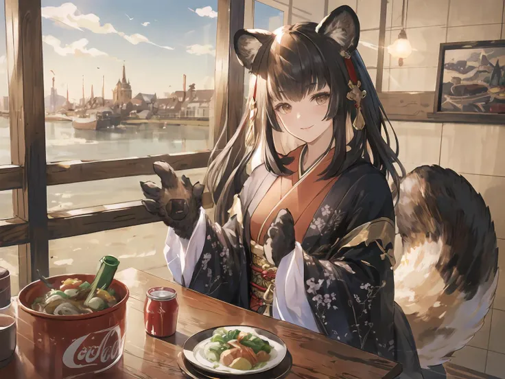 anime girl with long hair and a cat ears sitting at a table with food