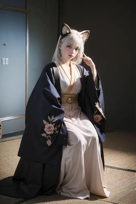 a woman in a kimono sitting on a rug with a cat ear