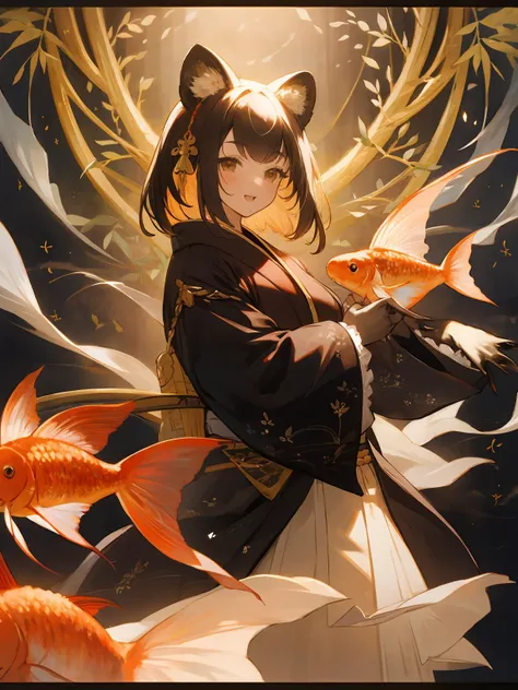 anime girl with cat ears holding a fish in front of a group of goldfish