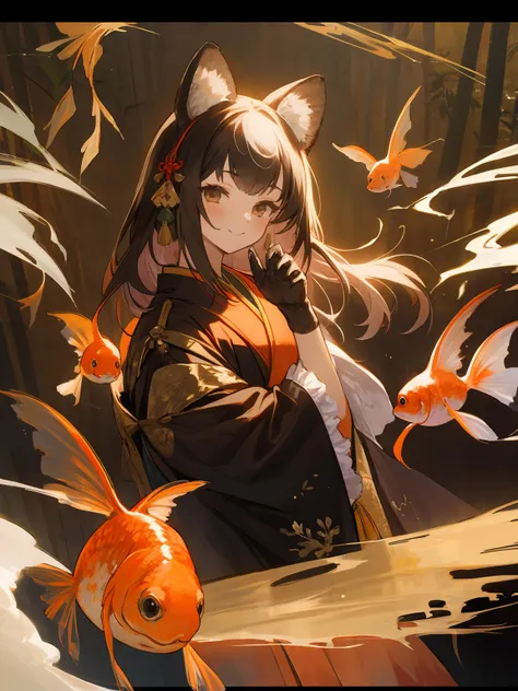 anime girl with long hair and a cat ears sitting in a pond of goldfish