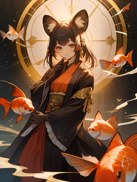 anime girl with cat ears and a black outfit surrounded by goldfish