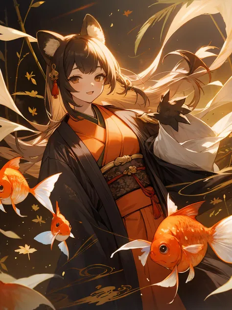 anime girl with long hair and a black robe holding a fish