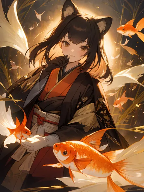 anime girl with cat ears holding a fish in front of her