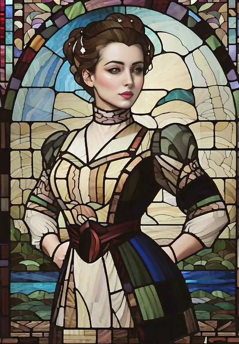 back lit, vivid colors, Stained glass portrait, action pose, (headshot:0.4), looking away from viewer, side-front view, as ((((stained glass)))), ((Aerith Gainsborough)), ( Art Nouveau:1.1), (by Gustav Klimt), (by Egon Schiele), (by Oskar Kokoschka), (by A...