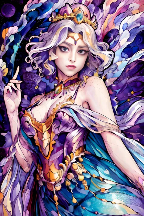 1 girl, adult woman, freckles, purple eyes, platinum blonde prom hairstyle, (style-swirlmagic:1.0), portrait, looking down, solo, upper body, detailed background, detailed face, (queen, crown:1.2), ornate white cape, crystal relic, hair flowing in the wind...