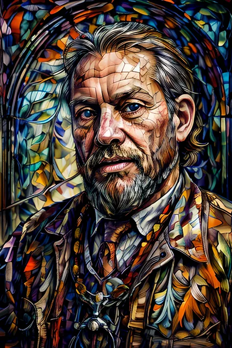 stained glass, alone, solo, old man waist up photo, ultra detailed, charismatic, wrinkles,  greenish brown eyes, detailed eyes, gruff man, grey hair, stylish beard, scared face, wide facal, wide bone, rough looking, casual weared down clothes,
vibrant colo...