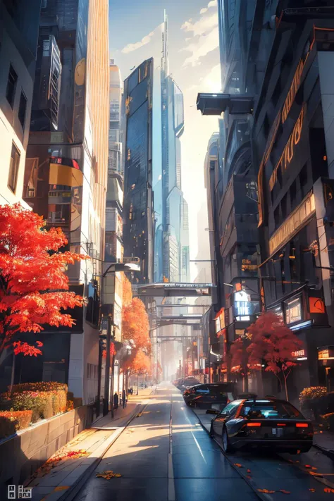 (Realistic:1.5) EdobSyFyCityLandscape, motor vehicle, skyscraper, crescent moon, signature, autumn leaves, edobsyfycitylandscape, sunlight, multiple others, skyscraper, cyberpunk, <lora:EdobSyFyCityLandscape_v1.0:0.8>