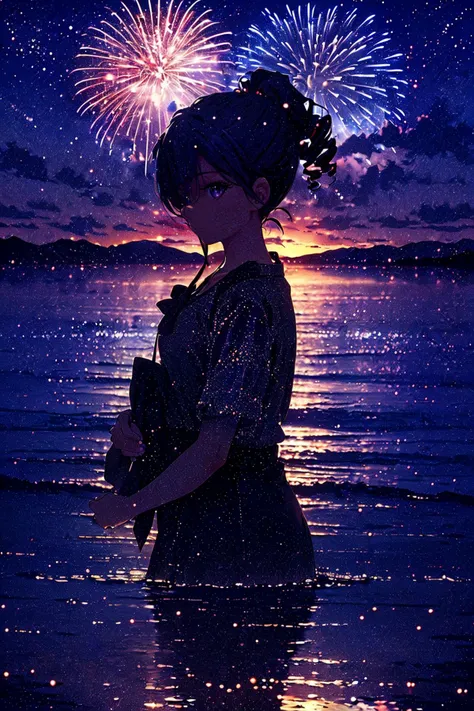 anime girl with camera in water with fireworks in background