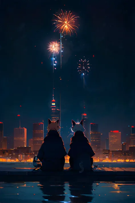 <lora:fireworks:0.7> two cats sitting, watching fireworks, night time, masterpiece, 8k, high resolution, shallow depth of field, sharp focus