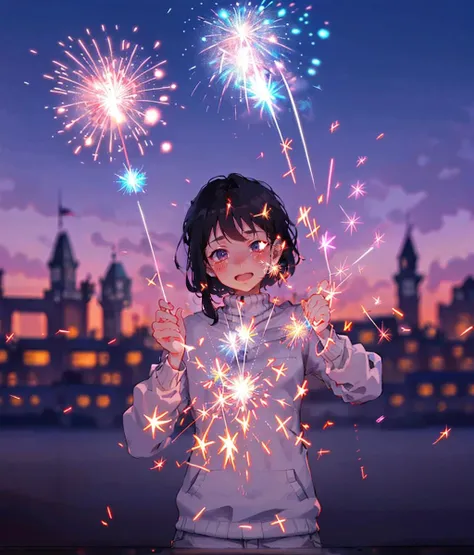 fireworks, sparkler, blurry, night, holding, 1girl, black hair, blurry background, sky, outdoors, solo, long sleeves, upper body, night sky, depth of field, sweater, aerial fireworks, <lora:fireworks_20230730090722:0.7>
