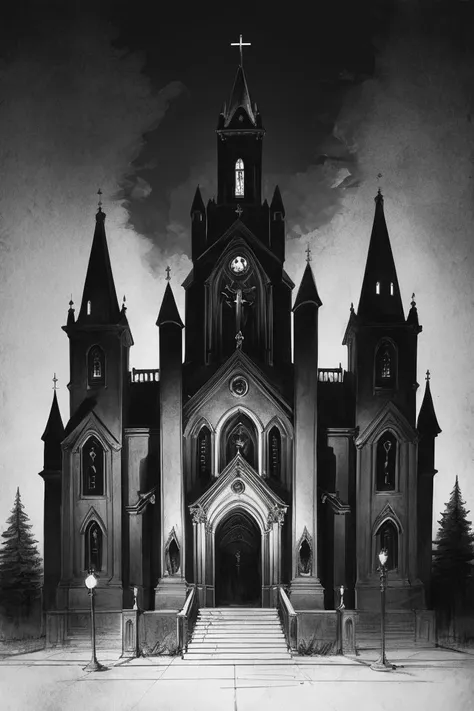 cult of cthulhu, dark imposing church, rough sketch