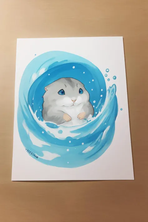 a painting of a cat in a blue water bowl with bubbles