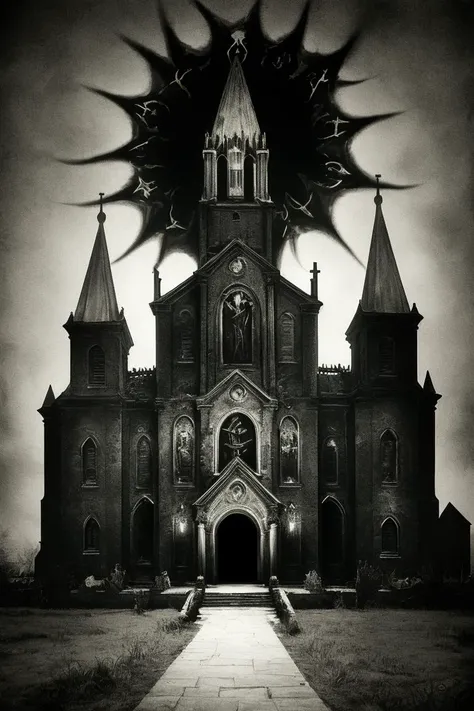 cult of cthulhu, dark imposing church, photograph negative