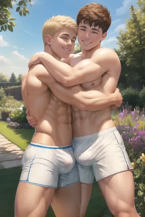 (2boys hugging:1.3), handsome, smiling, thin, muscle, topless, thong,  sports, shorts, white socks, outside, garden, morning, sunny, full body, Perfect body, naughty look, health skin, short hair,  <lora:Muscular-10:0.5>, panty bulge <lora:pantybulge_v10:0...