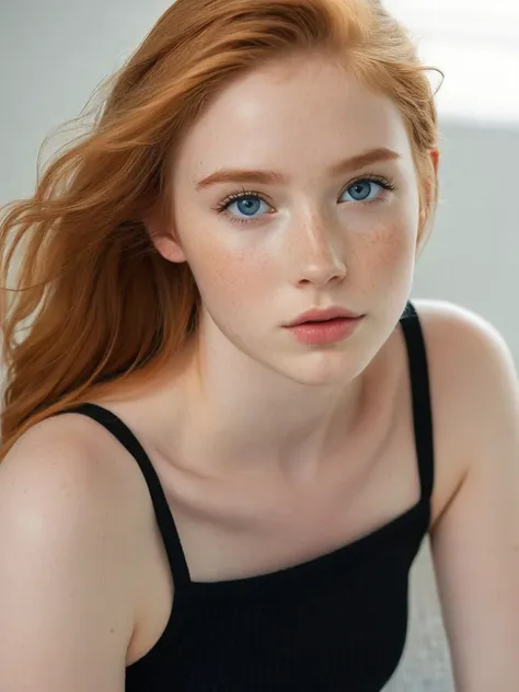 a close up of a woman with red hair and blue eyes