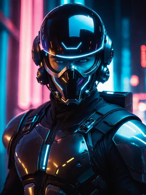 portrait of a cyberpunk dystopian male soldier, wearing a futuristic helmet and clear mask, detailed face, tough penetrating gaze, mechanical bodysuit, carrying a futuristic glowing saber, neon lighting, looking at viewer, digital photography, dof, sharp f...