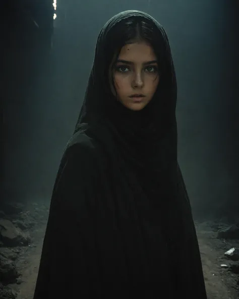 digital photo, a young teenage girl standing in a hazy dystopian wasteland, (detailed face, freckles, pores), dark eyeliner and eyeshadow, very detailed eyes, (piercing gaze), scarf drawn up to veil her mouth, glowing radioactive fog envelops her like a cl...