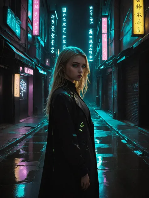 portrait photo, looking at viewer, a slender 20 year old girl standing alone in a dark futuristic alleyway, (detailed face), haunting eyes, dark eyeliner, long blonde hair falling gently around her shoulders, undercut, black trench coat with neon embroider...