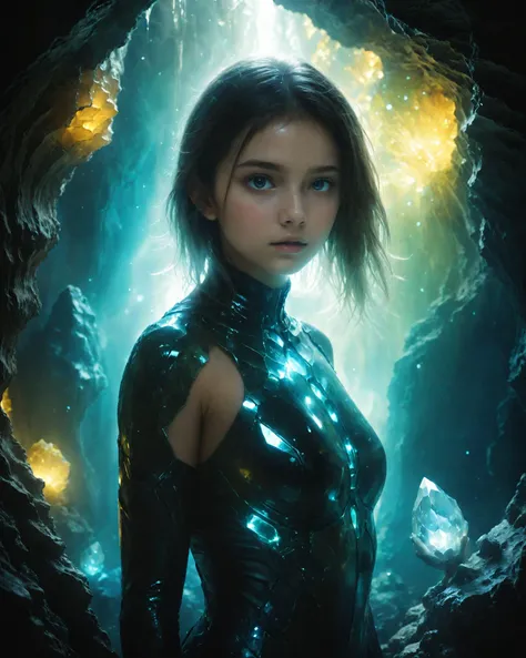 digital photo, a young teenage old girl hiding in a cave with glowing crystal formations, starving, wild dirty hair, detailed face, guarded expression, fierce eyes, filthy skin, lean and muscled body, collarbone, small perky breasts, ribcage jutting out, n...