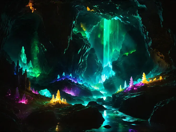 digital photography, a dark secluded cave that is lit by glowing crystals of many colors, phosphorescent emeralds and amethysts, faint rubies like glowing embers and diamonds shining like stars, dark fog within the cave, fantasy landscape, sharp focus, ver...