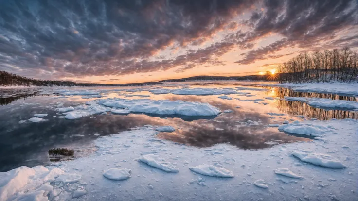 long shot scenic professional photograph of a view of a lake with ice and snow on the ground, cold sunset, icy lake setting, ice snowy lake setting, by Harald Giersing, dramatic cold light, icy landscape, spring winter nature melted snow, by Jason A. Engle...